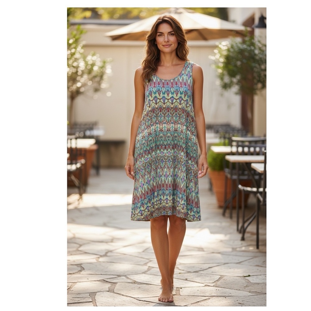 J. Jill Tank Dress L Multi-color Ikat Print A-Line Knit Boho Summer Artsy